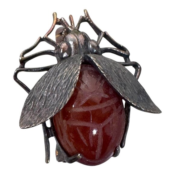 Vtg IPS Scarab Beetle Sterling Silver Carnelian Insect Brooch Signed Statement - Picture 2 of 8